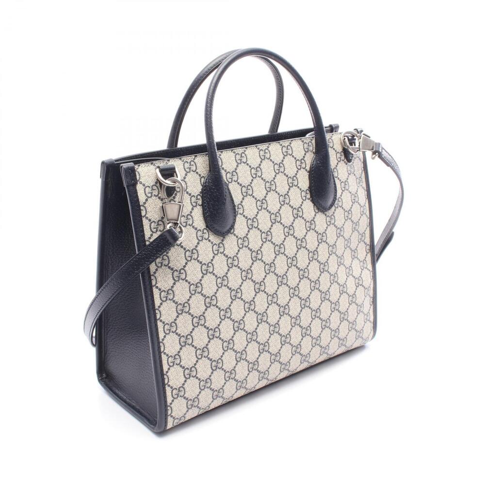 Gucci GG bag Blue leather tote Supreme Navy Tan canvas Beige